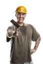 Young dirty Worker Man With Hard Hat helmet holding a hammer Royalty Free Stock Photo