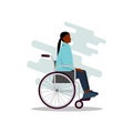 Young disabled black female character sitting in a wheelchair. Disability. Daily life. Flat editable vector illustration