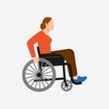 Young disabled woman sitting in wheelchair on white background