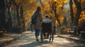 Young disabled woman in a wheelchair with boyfriend. Man with disabled girl in a wheelchair Royalty Free Stock Photo