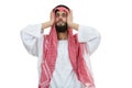 Young disappointed Arab with a checkered veiland holding his head