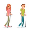 Young diseased couple man and woman with crutches.