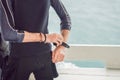 Young diver preparing an underwater compass for diving Royalty Free Stock Photo