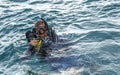 young diver in a suit and mask for diving shows signal that everything is fine after jumping into the water.