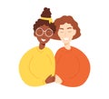 Young diverse lesbian couple holding hands. Cute vector characters in flat cartoon style. Pride month concept, LGBTQ+ people