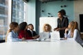 Black woman ceo speaking to staff on meeting at boardroom Royalty Free Stock Photo