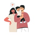 Young diverse parents couple holding child and hugging, happy parenthood relationship. Multicultural foster family