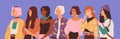 Young diverse woman standing together in row. Female diversity concept. Group of different modern trendy. Flat vector