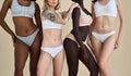 Diverse young girls wearing underwear standing on beige background, close up.