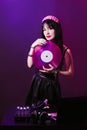 Dj headphone equipment disco girl party retro vintage ultraviolet mixer young woman vinyl glamor valentine`s day plastic pink