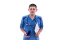 Young doctor in blue uniform takes pills from jars isolated on white background Royalty Free Stock Photo