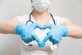 Young doctor makes heart from hands in gloves. Coronavirus pandemic