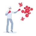 Doctor or male nurse in uniform fighting with red Coronavirus cells vector flat cartoon illustration.