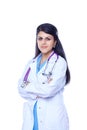 Young doctor or medic with clipboard and stethoscope standing on white background Royalty Free Stock Photo