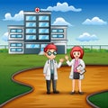 Young doctor and nurse standing in front the hospital