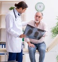 Young male doctor and old patient in antismoking concept