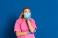 Young doctor wearing a mask face and a pink uniform Royalty Free Stock Photo