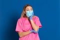 Young doctor wearing a mask face and a pink uniform Royalty Free Stock Photo