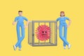 Young doctors defeated the virus and locked it in a cage. SARS molecule funny and scary cartoon character. Stop disease, pandemic