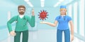 Young doctors man and woman show a microbe, a bacterium. Warning, danger, attention. Cartoon character on a blue background. 3D