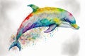 Young dolphin leaping out of watercolor splash waves