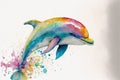 Young dolphin leaping out of watercolor splash waves Royalty Free Stock Photo