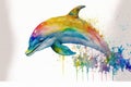 Young dolphin leaping out of watercolor splash waves Royalty Free Stock Photo