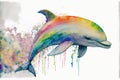 Young dolphin leaping out of watercolor splash waves