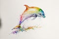 Young dolphin leaping out of watercolor splash waves