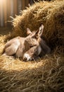 Young donkey resting on a bed of straw inside a barn. Soft sunlight illuminates its Royalty Free Stock Photo