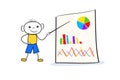 Young doodle boy standing near flip chart and pointing at board with graph and pie chart. Businness presentation concept in cartoo