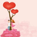 Young dreaming couple near love tree on rose cloud