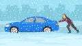 Young driver man pushing his car stuck in snow. Winter season view. Flat vector illustration. Royalty Free Stock Photo