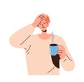 Young drowsy man character drinking coffee suffering from headache tension vector illustration Royalty Free Stock Photo