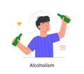 Young drunk male character is suffering from alcoholism on white background