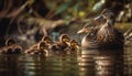 Young ducklings swim in pond with mother generated by AI