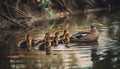 Young ducklings swim in tranquil pond water generated by AI