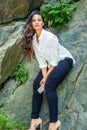 Young East Indian American Woman with long hair traveling, relaxing at Central Park, New York City Royalty Free Stock Photo