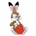 Young Easter Hare with long ears sitting and painting brush an egg. Funny cartoon character Rabbit. Template of decoration element