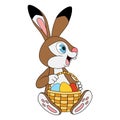 Young Easter Hare sitting and holding basketf ull of Easter eggs. Side view. Funny cartoon character Rabbit. Template