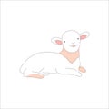 Young easter lamb. Traditional holiday baby animal isolated.Hand drawn cartoon sheep lying. Cute spring animal character