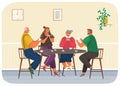 Young and elderly people with board game spend time in living room. Family plays cards at home