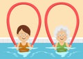 Young and elderly women using pool noodles in swimming pool