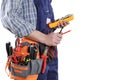 Young electrician technician in clothes and work tools isolated