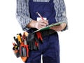 Young electrician technician in clothes and work tools isolated