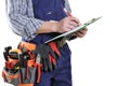 Young electrician technician in clothes and work tools isolated