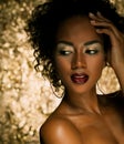 Young elegant african american woman with afro hair. Glamour makeup. Golden Background. Royalty Free Stock Photo