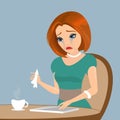 Young elegant woman is crying in the cafe - close up illustration Royalty Free Stock Photo