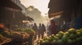 Arabic city street flowers vegetables and fruits bazar marketplace , people buying p food