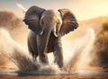 Young Elephant Plays in Water .AI generated Illustration